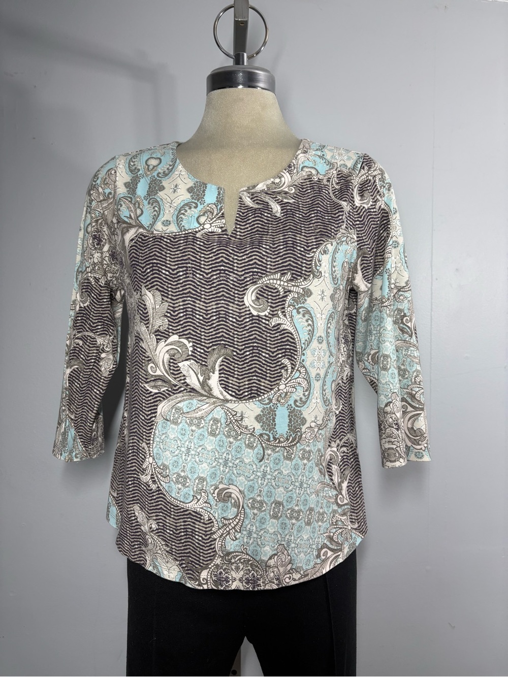 Chico's Aqua and Brown Paisley-Print Notch-Neck Long Sleeve Tee